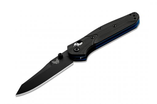 A Benchmade Mini Osborne 945BK-1 Black Cerakote Reverse Tanto Blade Black G-10 Handle knife on a white background.