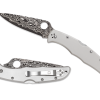 Spyderco Endura 4 Lockback Knife Damascus Plain Edge Blade Titanium Handle Front Side Open and Front Side Closed