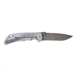 Spartan Blades Harsey Damascus Blade Blue Handle with Custom Saint Michael Engraving Back Side Open