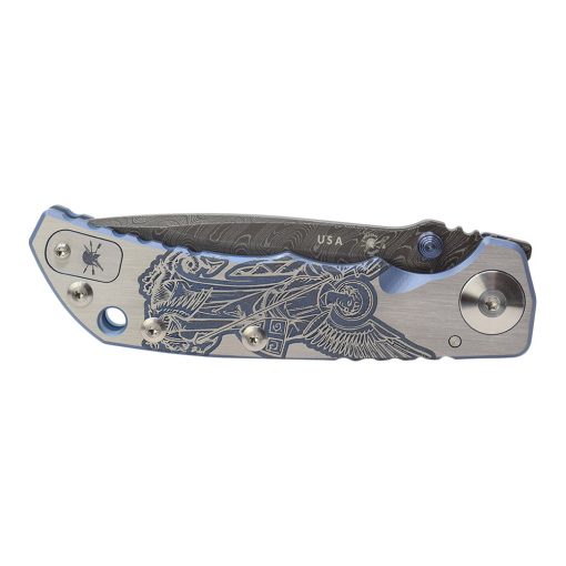 Spartan Blades Harsey Damascus Blade Blue Handle with Custom Saint Michael Engraving Front Side Closed