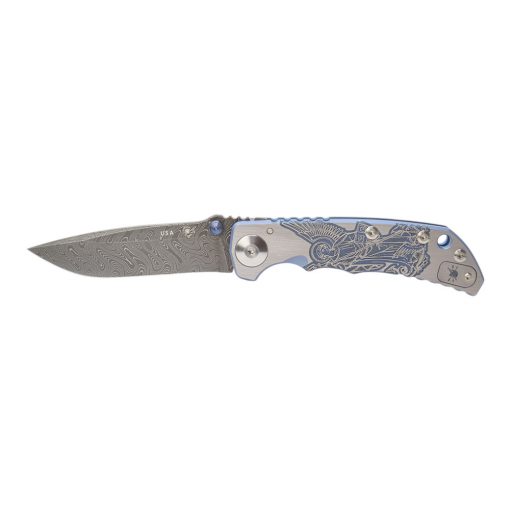 Spartan Blades Harsey Damascus Blade Blue Handle with Custom Saint Michael Engraving Front Side Open