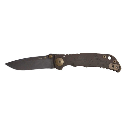 Spartan Blades Harsey Folder 4" Damascus Blade Bronze Handle with Custom Rune Engraving Front Side Open