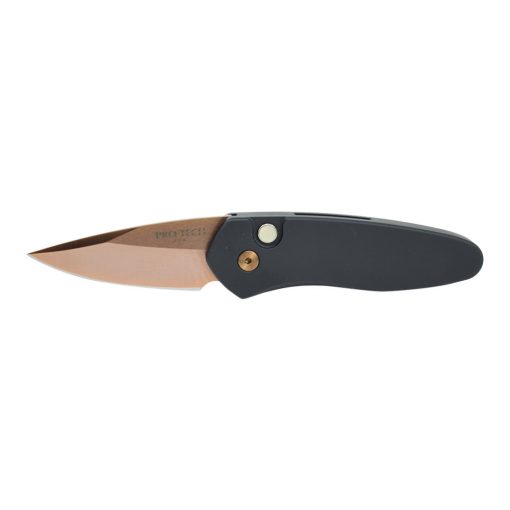 Pro-Tech Sprint CA Legal Auto Rose Gold Blade Black Handle Front Side Open