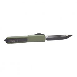 Microtech UTX-85 T/E Black DLC OTF Automatic Knife OD Green Handle Back Side Open
