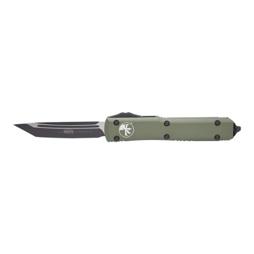 Microtech UTX-85 T/E Black DLC OTF Automatic Knife OD Green Handle Front Side Open