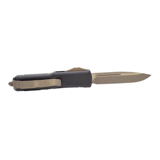 Microtech UTX-85 S/E Apocalyptic Bronze Blade OTF Automatic Knife Black Handle Back Side Open