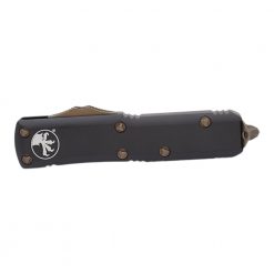 Microtech UTX-85 S/E Apocalyptic Bronze Blade OTF Automatic Knife Black Handle Front Side Closed