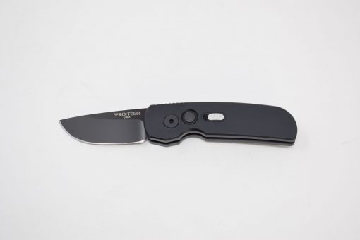 A Protech Calmigo Automatic Black 154CM Blade Black Handle knife on a white surface.