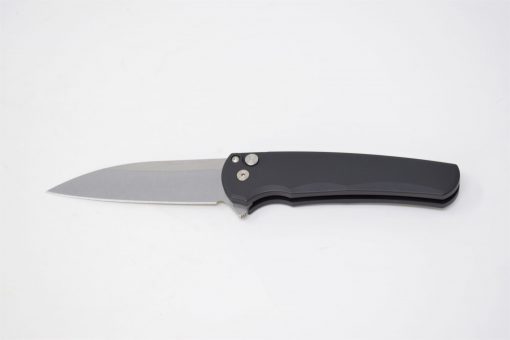 ProTech Malibu Wharncliffe CPM-20CV Blade Black Anodized Aluminum Handles on a white surface.