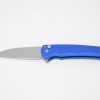 A ProTech Malibu Wharncliffe CPM-20CV Blade Blue Anodized Aluminum Handle on a white surface.