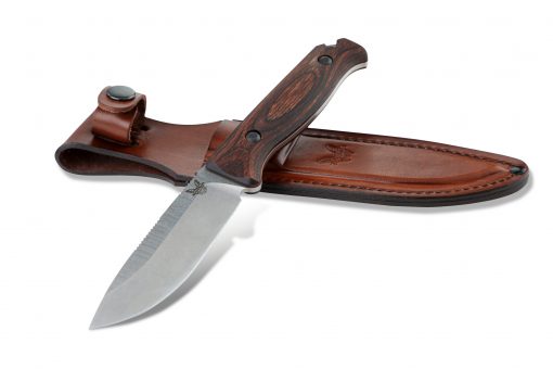 Benchmade Saddle Mountain Skinner S30V Blade Wood Handle Front Side With Sheath