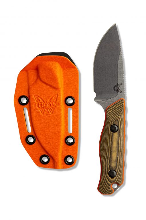 a Benchmade Hidden Canyon Hunter S90V Blade Richlite Handle knife with a black handle next to a Benchmade Hidden Canyon Hunter S90V Blade Richlite Handle knife.
