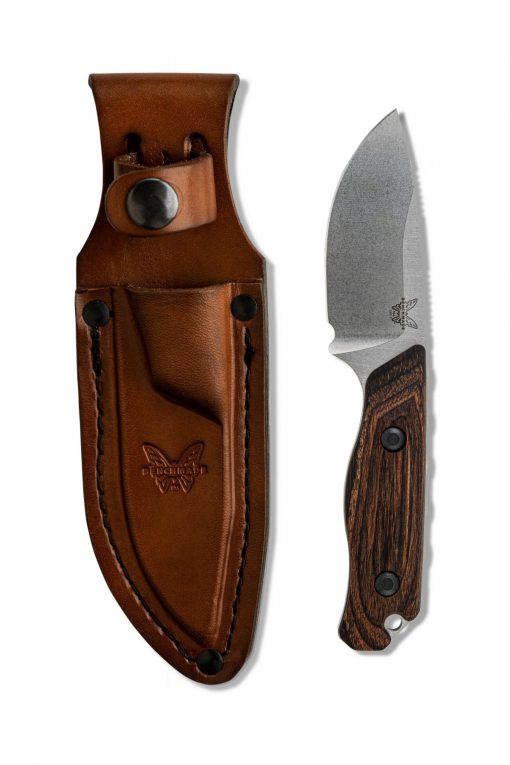 A Benchmade Hidden Canyon Hunter S30V Blade Wood Handle with a leather sheath.