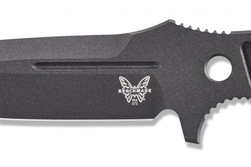 A Benchmade Fixed Adamas Cobalt Black CPM-CruWear knife on a white background.