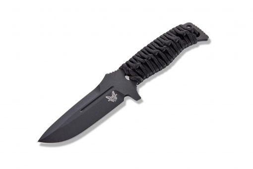 Benchmade Fixed Adamas Cobalt Black CPM-CruWear Front Side Angled With Paracord