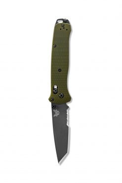 Benchmade Bailout Grey CPM-3V Combo Tanto Blade Woodland Green Aluminum Handle Front Side Open Down