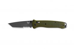 Benchmade Bailout Grey CPM-3V Combo Tanto Blade Woodland Green Aluminum Handle Front Side Open