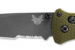 Benchmade Bailout Grey CPM-3V Combo Tanto Blade Woodland Green Aluminum Handle Blade Close Up