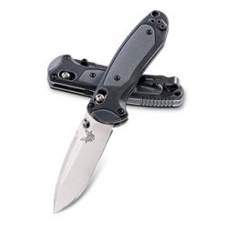 A Benchmade Mini Boost S30V Blade Black/Grey Handle on a white background.