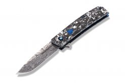 Benchmade Gold Class Tengu Flipper Damasteel Tanto Blade Marbled Carbon Fiber Handle Front Side Open Angled