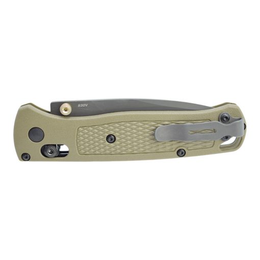 Benchmade Bugout Grey Nitride Coated Drop Point Serrated Blade Ranger Green Handle Back Side Closed