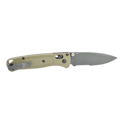Benchmade Bugout Grey Nitride Coated Drop Point Serrated Blade Ranger Green Handle Back Side Open