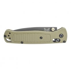 Benchmade Bugout Grey Nitride Coated Drop Point Serrated Blade Ranger Green Handle Front Side Closed