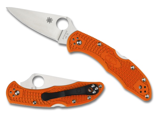 Spyderco Delica 4 Lockback Knife Satin Flat Ground Orange FRN Handle Both