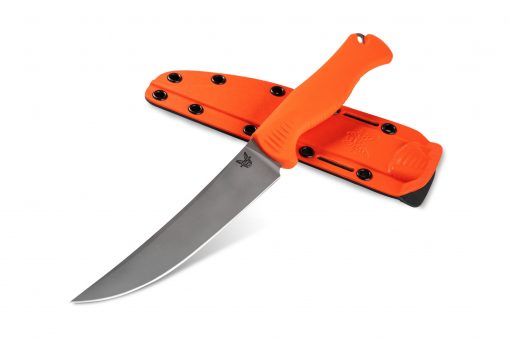 Benchmade Meatcrafter CPM-154 Blade Orange Santoprene Handle Front Side Angled With Sheath