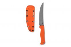 Benchmade Meatcrafter CPM-154 Blade Orange Santoprene Handle Front Side Up With Sheath