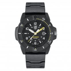 A Luminox Navy SEAL 3600 Series 3601 Black/White/Yellow watch with a yellow second hand.