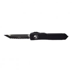 Microtech Ultratech T/E Black DLC Fully Serrated OTF Automatic Knife Black Handle Front Side Open