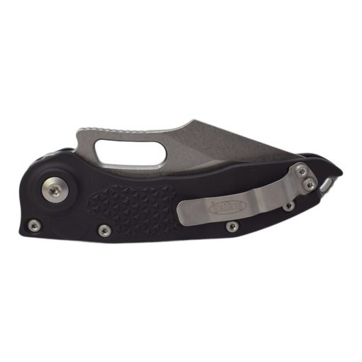 Microtech Stitch Automatic Knife Wharncliffe Blade Black Black Handle back Side Closed