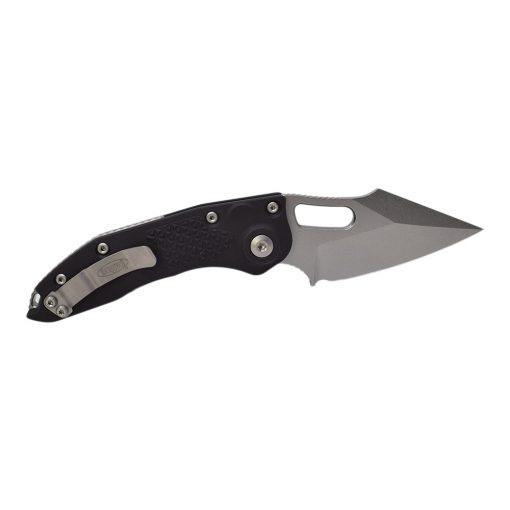 Microtech Stitch Automatic Knife Wharncliffe Blade Black Black Handle Back Side Open