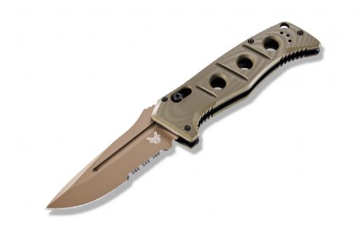 Benchmade Auto Adamas Flat Earth CPM-CruWear Combo Blade OD Green G-10 Handle Front Side Open Angled