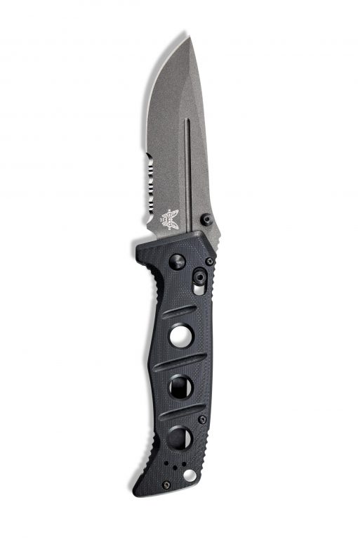 a Benchmade Adamas Grey CPM-CruWear Combo Blade Black G-10 Handle on a white background.