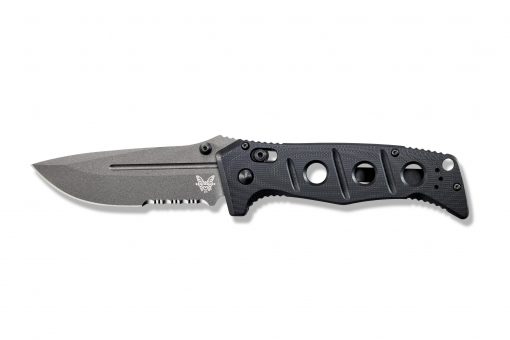 A Benchmade Adamas Grey CPM-CruWear Combo Blade Black G-10 Handle on a white background.