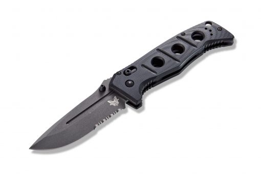 Benchmade Adamas Grey CPM-CruWear Combo Blade Black G-10 Handle Front Side Open Angled