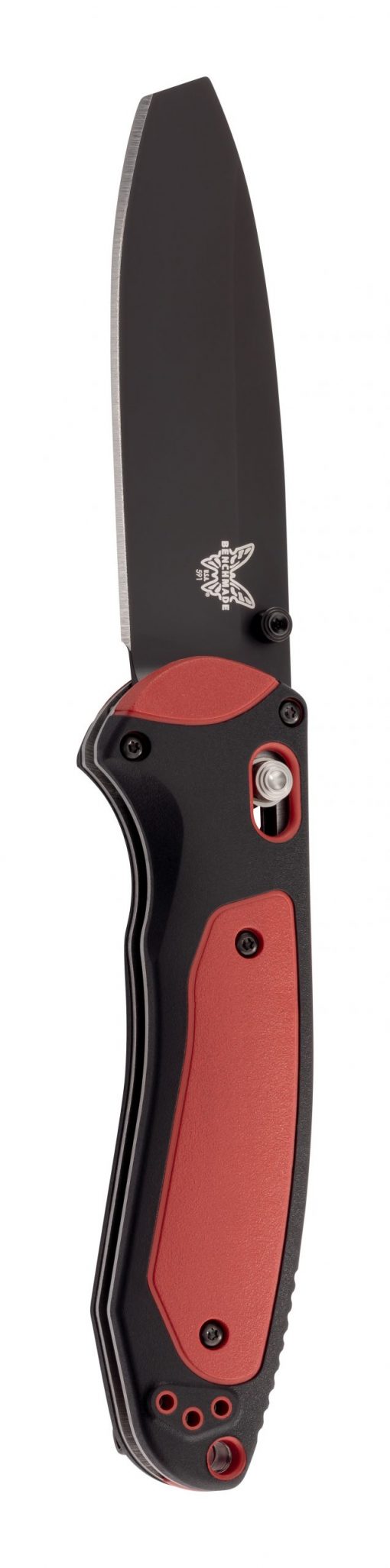 Benchmade Boost AXIS Assist Black 3V Flat Tip Blade Black/Red Versaflex Handle Front Side Open Up