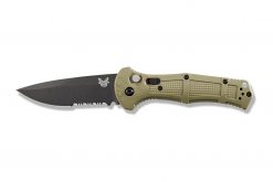 Benchmade Claymore Auto Black D2 Combo Blade Ranger Green Grivory Handle Front Side Open