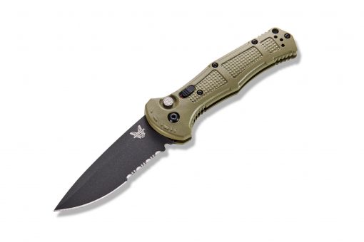 Benchmade Claymore Auto Black D2 Combo Blade Ranger Green Grivory Handle Front Side Open Angled
