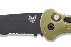 Benchmade Claymore Auto Black D2 Combo Blade Ranger Green Grivory Handle Blade Close Up