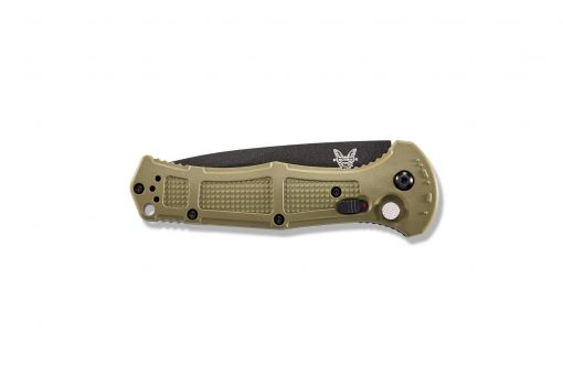 Benchmade Claymore Auto Black D2 Combo Blade Ranger Green Grivory Handle Front Side Closed