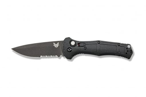 Benchmade Claymore Auto D2 Combo Blade Black Grivory Handle Front Side Open