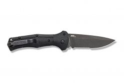 A Benchmade Claymore Auto D2 Combo Blade Black Grivory Handle on a white background.