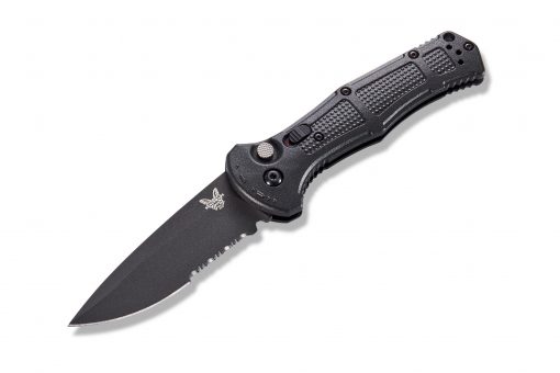 Benchmade Claymore Auto D2 Combo Blade Black Grivory Handle Front Side Open Angled
