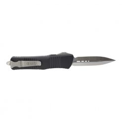 Microtech 142-4 Combat Troodon Satin Finished Double Edge Blade OTF Black Aluminum Handle Back Side Open