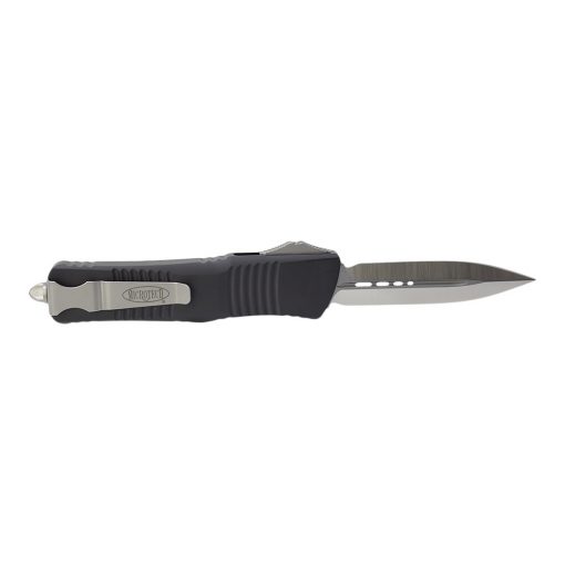 Microtech 142-4 Combat Troodon Satin Finished Double Edge Blade OTF Black Aluminum Handle Back Side Open