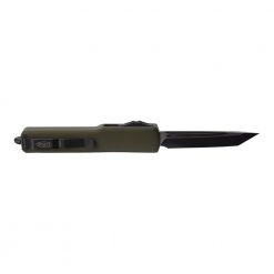 Microtech UTX-70 OTF Automatic Knife Black T/E Blade OD Green Aluminum Handle Back Side Open