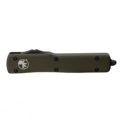 Microtech UTX-70 OTF Automatic Knife Black T/E Blade OD Green Aluminum Handle Front Side Closed